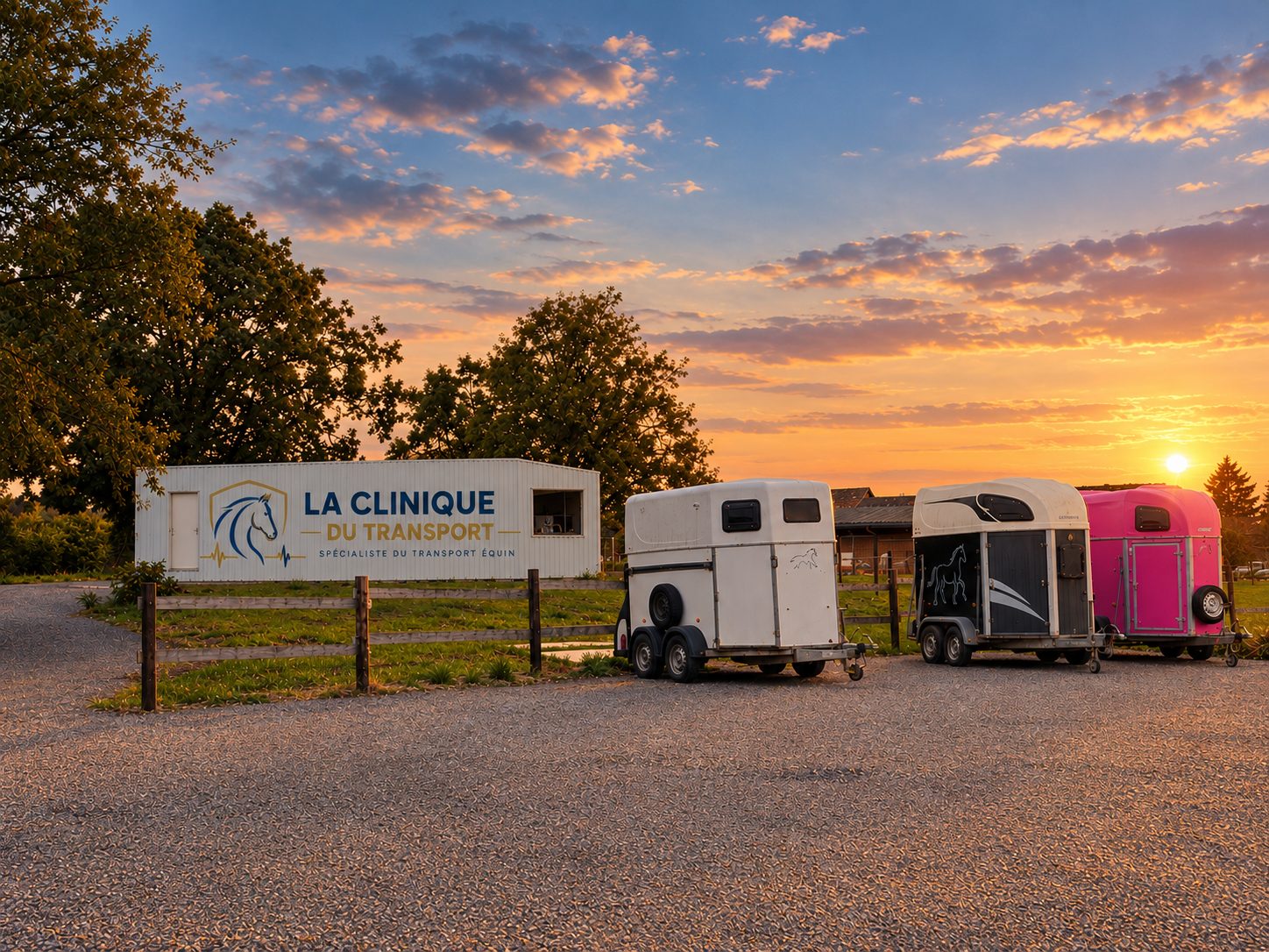 La Clinique du Transport — devanture et vans de transport équin au coucher du soleil